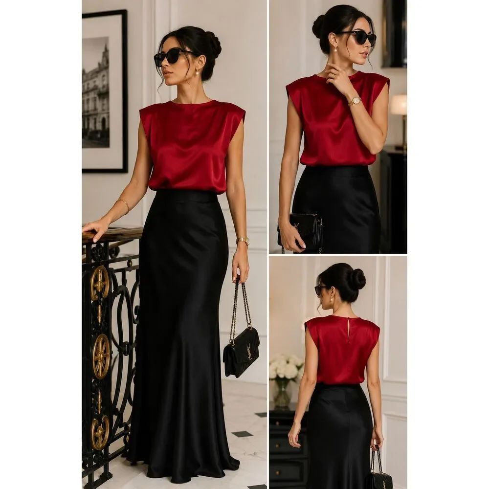SHEIN Satin Blouse Red Shoulder Pad Sleeveless Top Women Size M Chic